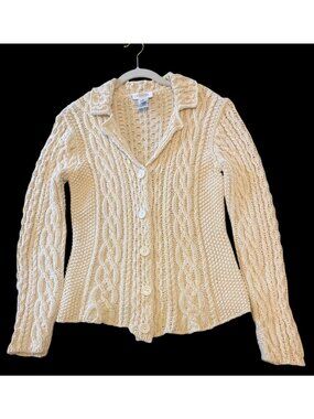 Talbots Womens Cream Cable Knit Cotton Cardigan Sweater With Button Front Collar
